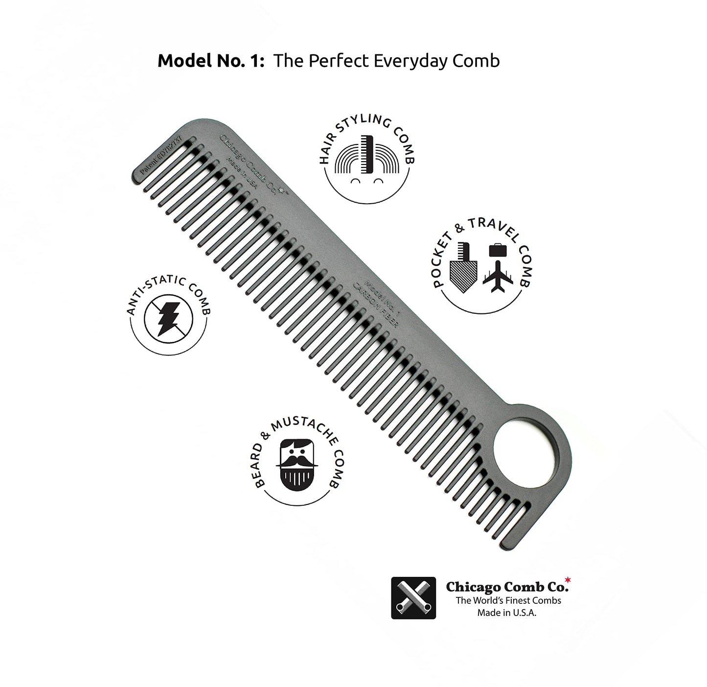 Chicago Comb Model 1 Carbon Fiber Comb + English Tan Horween leather sheath, Made in USA, ultimate pocket and travel comb, smooth strong & light, anti-static, premium American leather sheath