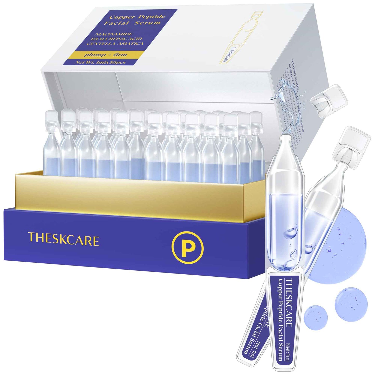 THESKCARE Copper Peptide Serum Ampoule for Face with Niacinamide & Hyaluronic Acid to Hydrate Skin, Reduce Wrinkles and Plump Skin,30 Ampoules