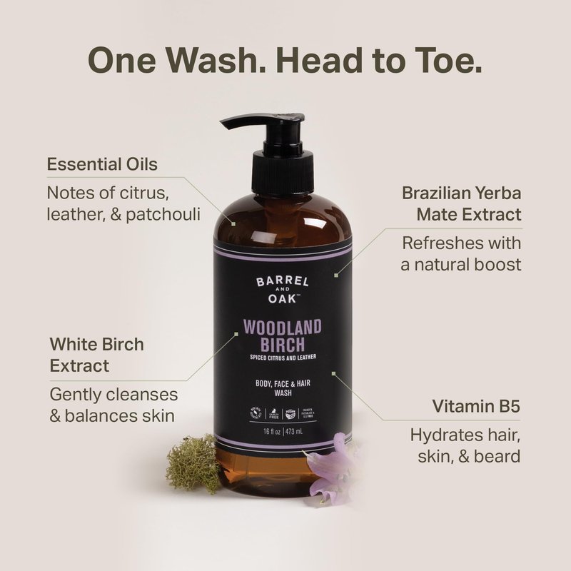 Barrel & Oak Woodland Birch Body Care Set for Men, All-in-One Body Wash, Exfoliating Bar Soap, & 2-in-1 Shampoo and Conditioner Set, Hydrating Grooming Kit, Vegan Gifts for Men, 3-Pack