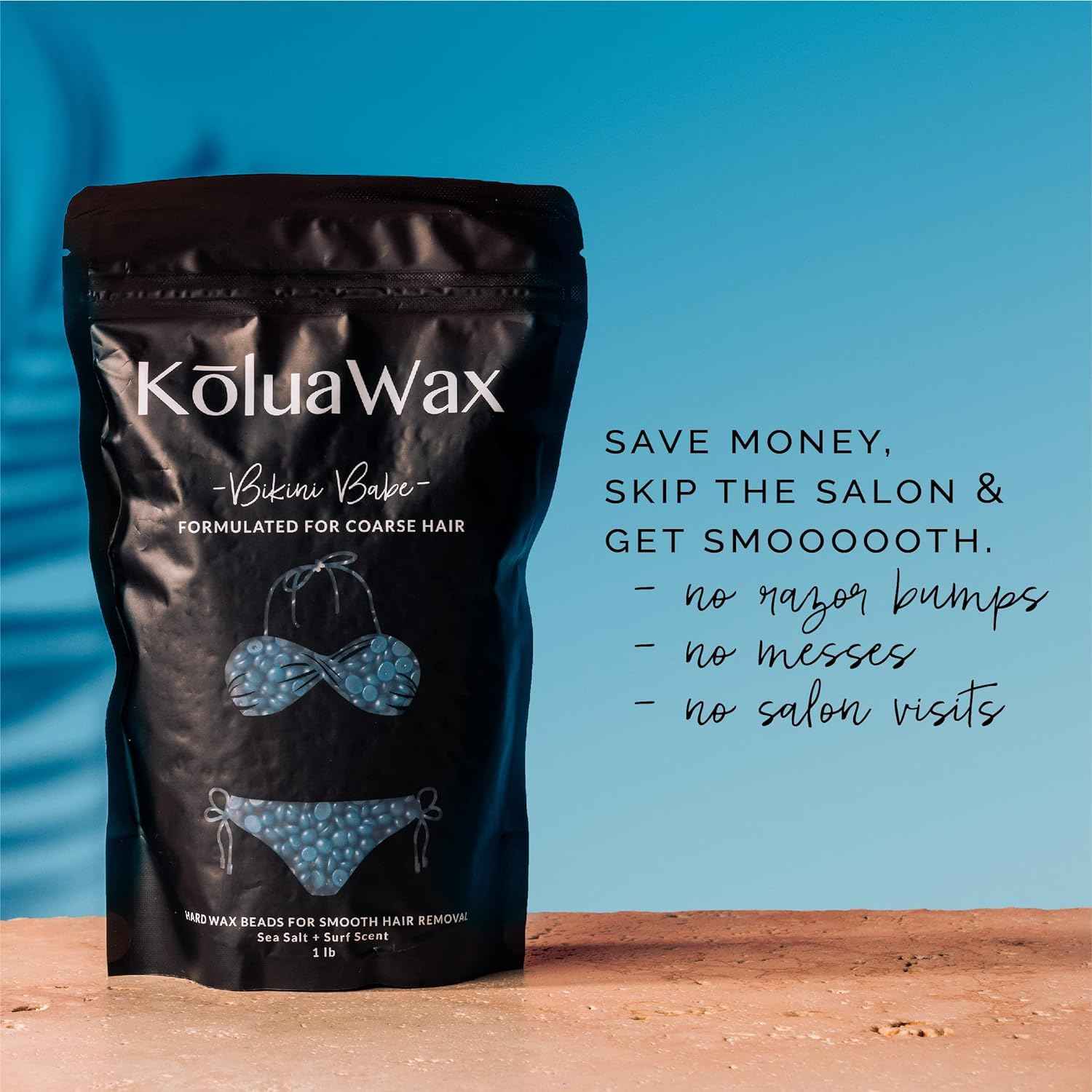 KoluaWax Hard Wax Beads for Hair Removal – Coarse Hair Formula – Face, Brazilian, Underarms, Back Chest, Bikini Waxing – Sea Salt & Surf, 1lb Refill for Wax Warmers & 10 Large Applicator Sticks