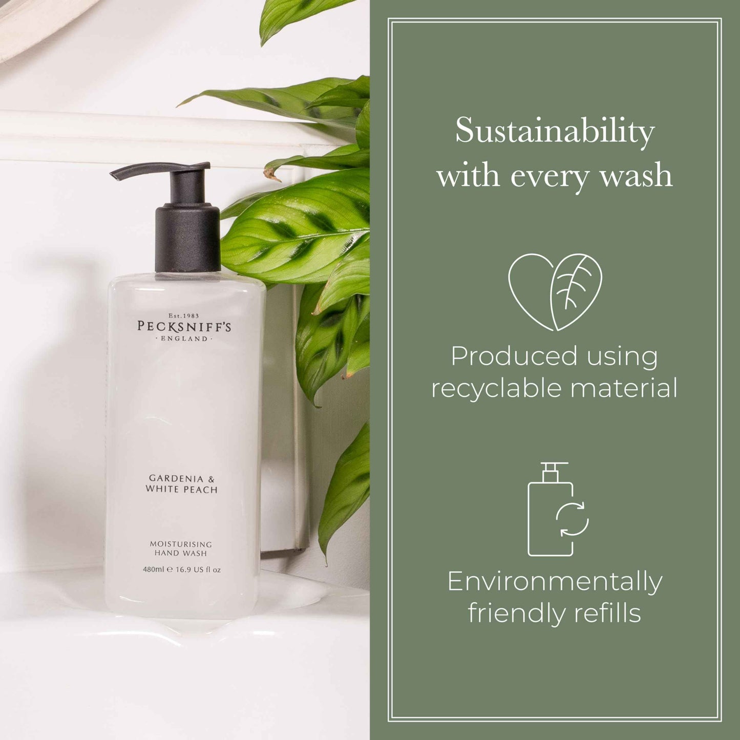 Pecksniff's Hand Wash - Liquid Hand Soap for Soft Skin, Natural, Revitalising, Hydrates and Moisturises, Handcrafted in England, Cruelty Free, Gift of Luxury 480ml/16.2 fl oz (Gardenia & White Peach)