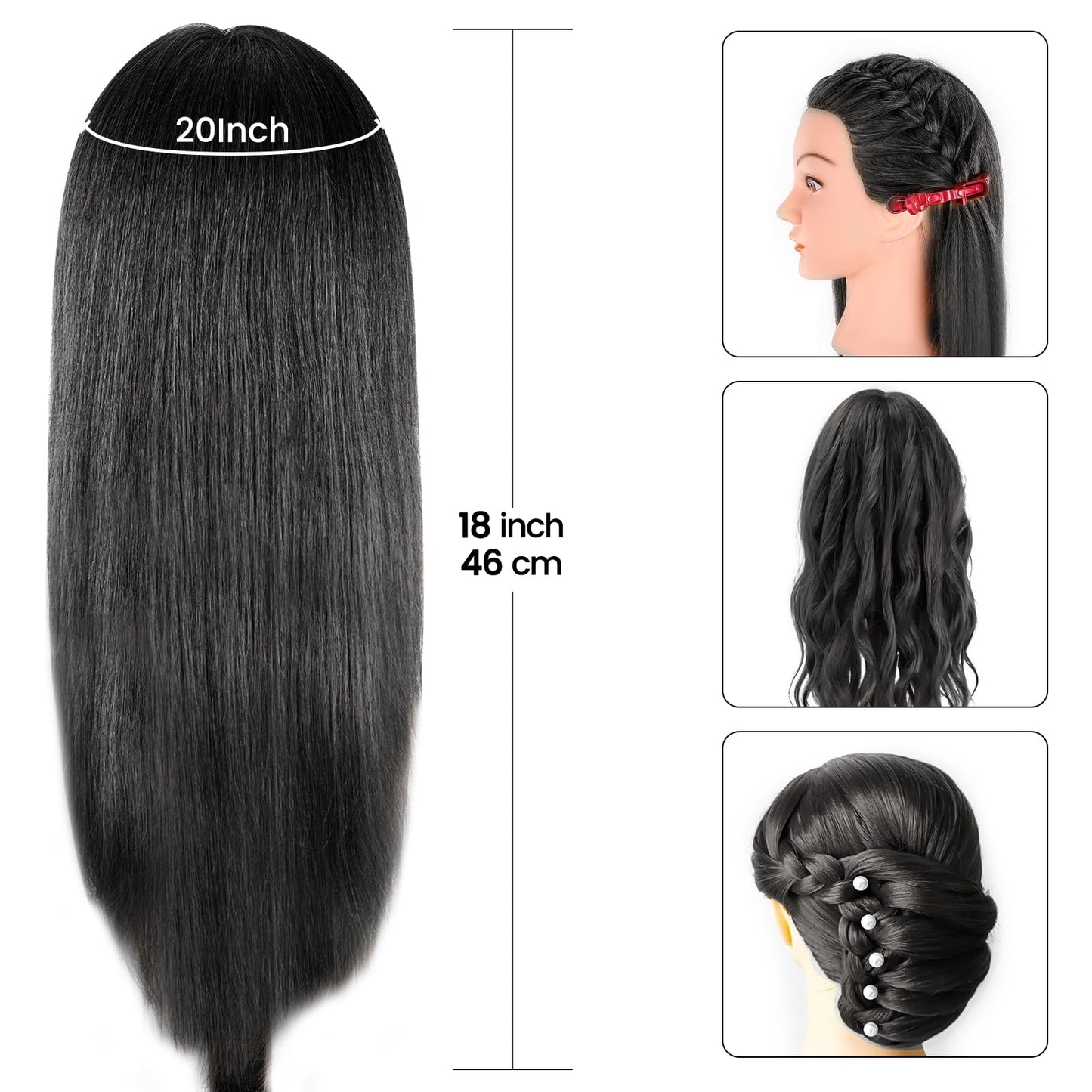 Mannequin Head with 100% Human Hair, MYSWEETY 18" Real Hair Manikin Doll Head for Hair Styling, Cosmetology Mannequin Hairdressing Practice Training Head with Clamp Holder and Tools(Black, Makeup)