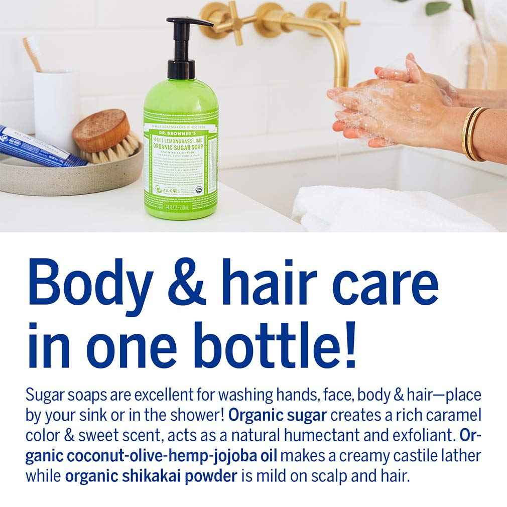 Dr. Bronner's - Organic Sugar Soap (Lemongrass, 12 Ounce) - Made with Organic Oils, Sugar and Shikakai Powder, 4-in-1 Use: Hands, Body, Face and Hair, Cleanses, Moisturizes and Nourishes, Vegan