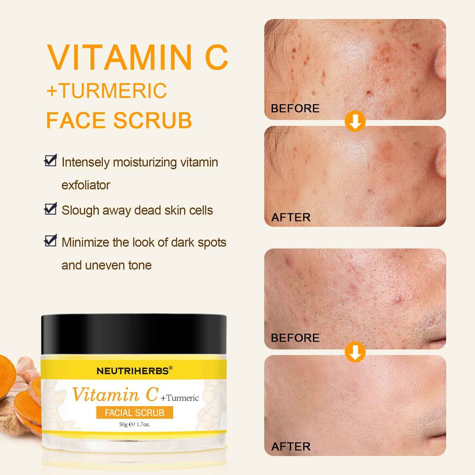 NEUTRIHERBS Turmeric Face Scrub, Exfoliating Scrub Cream with Vitamin C, Smooth, Brighten Skin - 1.76oz