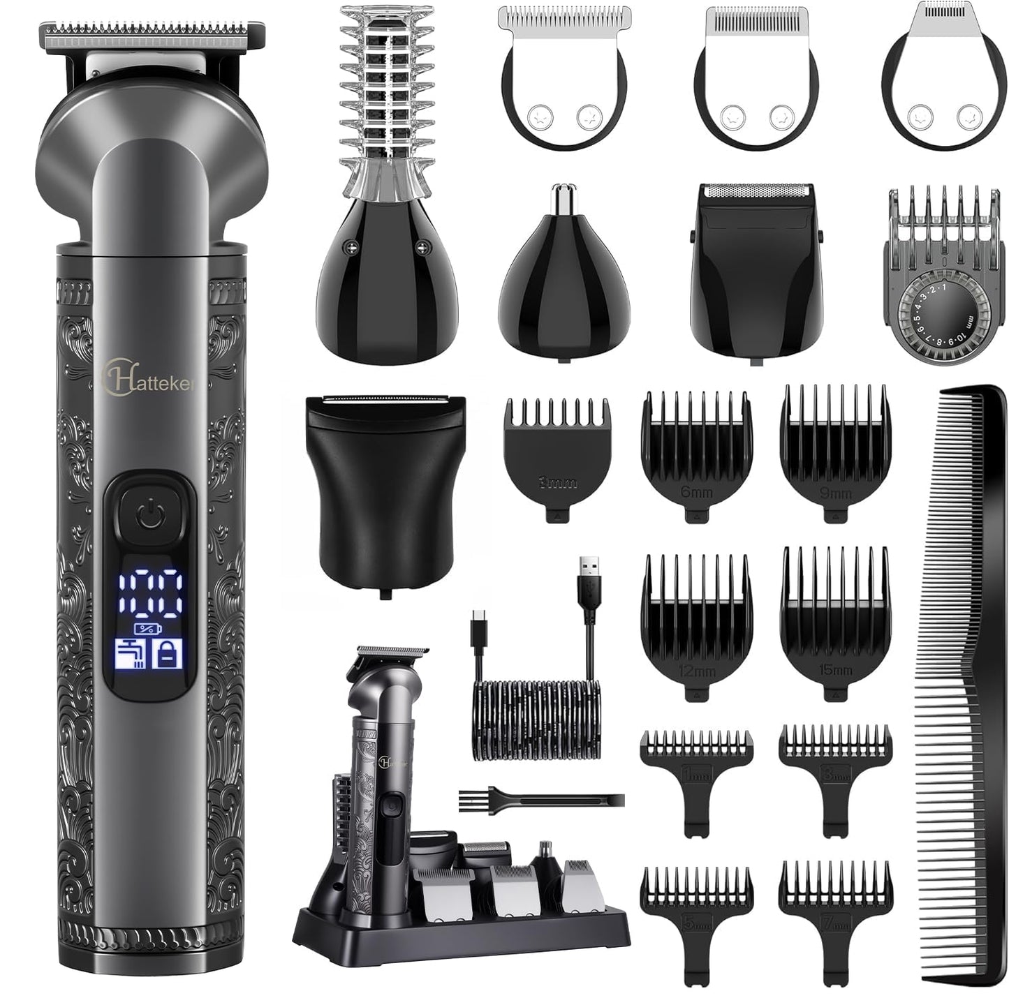 Hatteker 8-in-1 Multi-Functional Grooming Kit for Men Beard Trimmer for Men Hair Clipper Precision TrimmerNose Ear Trimmer Body Groomer Zero-Gap T-Blade, IPX7 Waterproof Cordless Trimmer Set