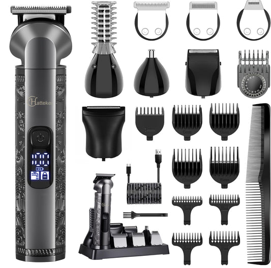Hatteker 8-in-1 Multi-Functional Grooming Kit for Men Beard Trimmer for Men Hair Clipper Precision TrimmerNose Ear Trimmer Body Groomer Zero-Gap T-Blade, IPX7 Waterproof Cordless Trimmer Set