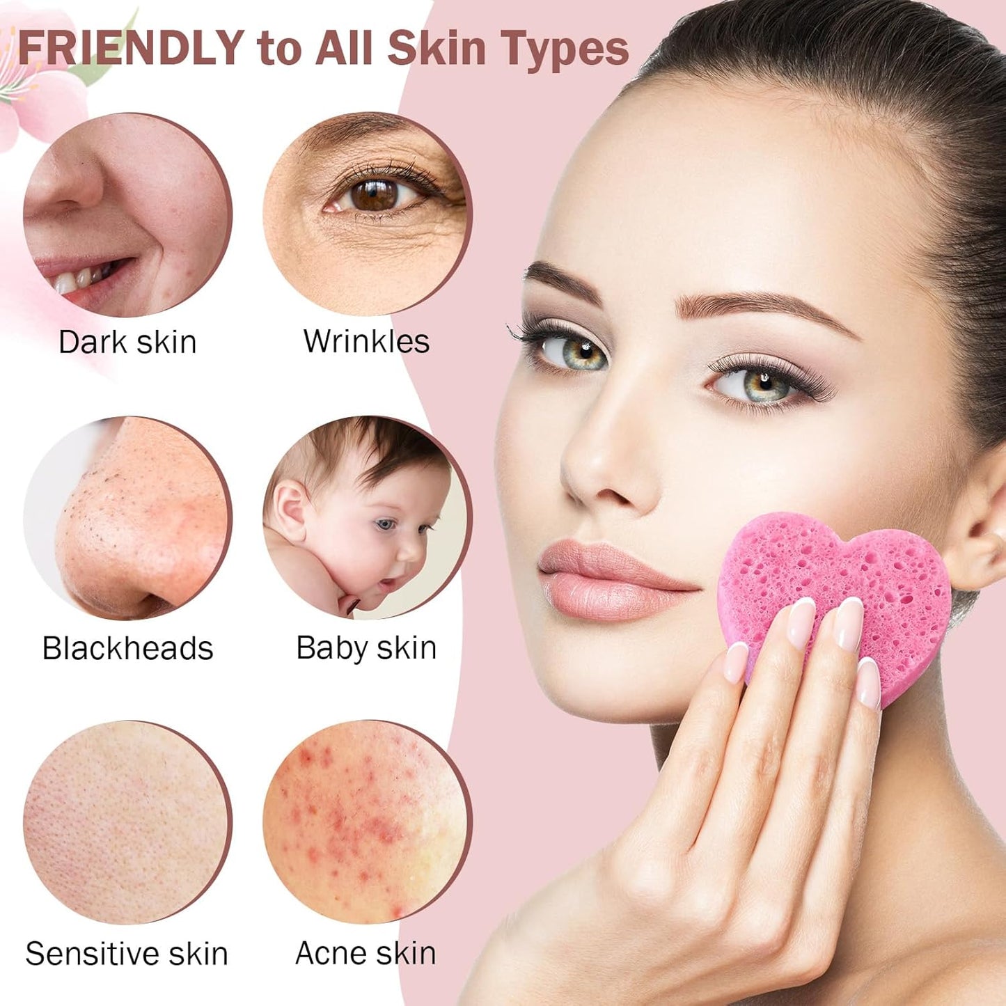 Heart Shape Facial Sponges - 300 Count Compressed Cleansing Pads | Natural Exfoliating for Estheticians (Pink)