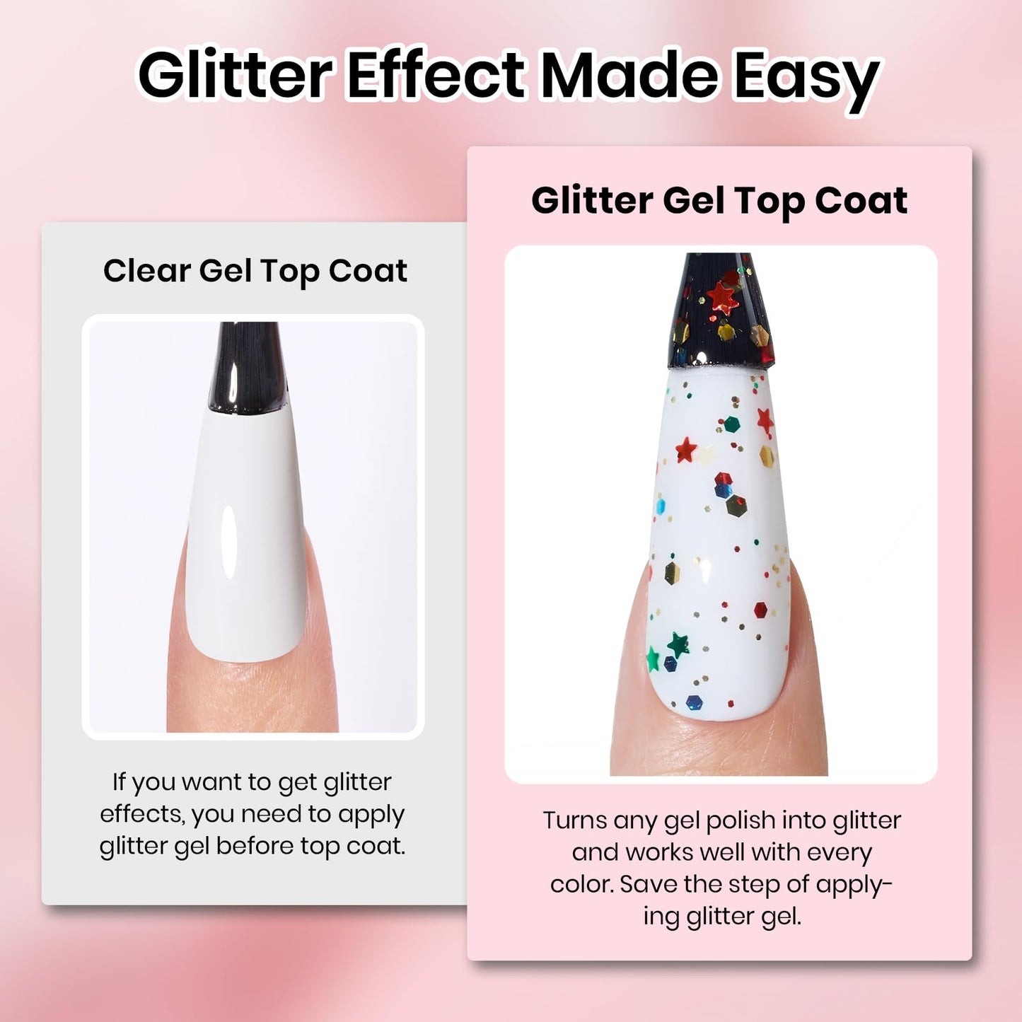 Beetles Glitter Gel Top Coat Set, 6Pcs 10ml Sparkle Glitter Cat Eye Top Coat Gel Nail Polish No Wipe Long Lasting Soak Off U V LED Manicure Salon DIY Gifts for Women