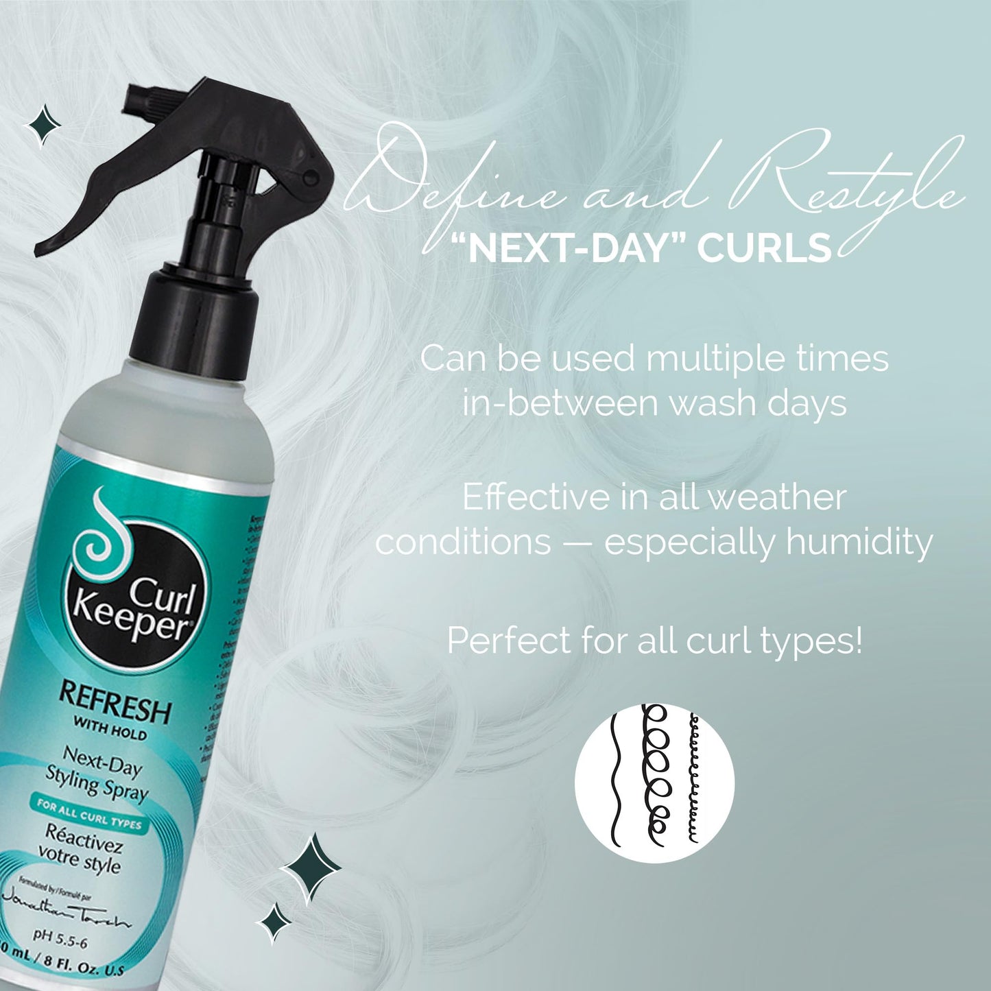 Curl Keeper Refresh Hair Styling Spray for Curly Hair - Lightweight Water-Based Anti-Frizz Formula with Hold for Wavy and Curly Styles, 8 Fl Oz