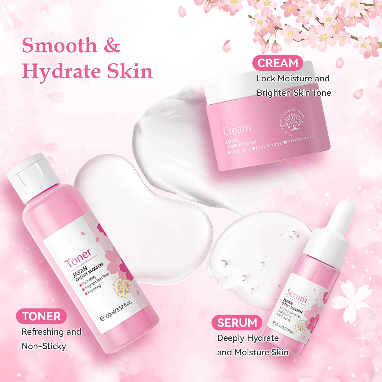 Sakura Skincare Set, Sakura Skin Care for Teens 10-12, Gentle Moisturizing Face Care Kit with Cleanser, Toner, Serum, Eye Cream & Cream, Travel Size Facial Kit for Women Girls