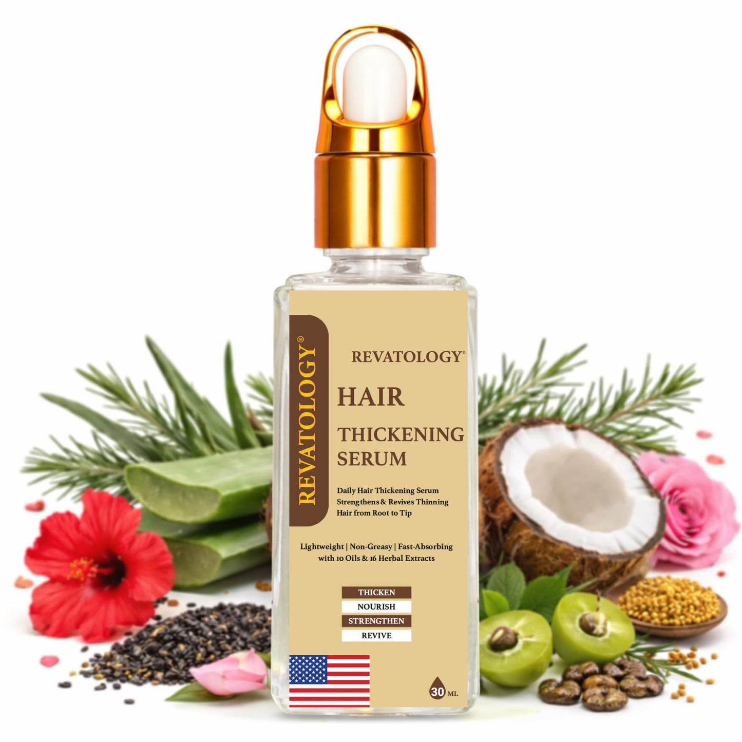 Revatology Hair Thickening Serum for Women and Men, Lightweight non-greasy Leave In for Thinning Hair and Scalp Care, 30 Cold Pressed Botanicals with Rosemary and Biotin, Chemical Free (Made in USA)