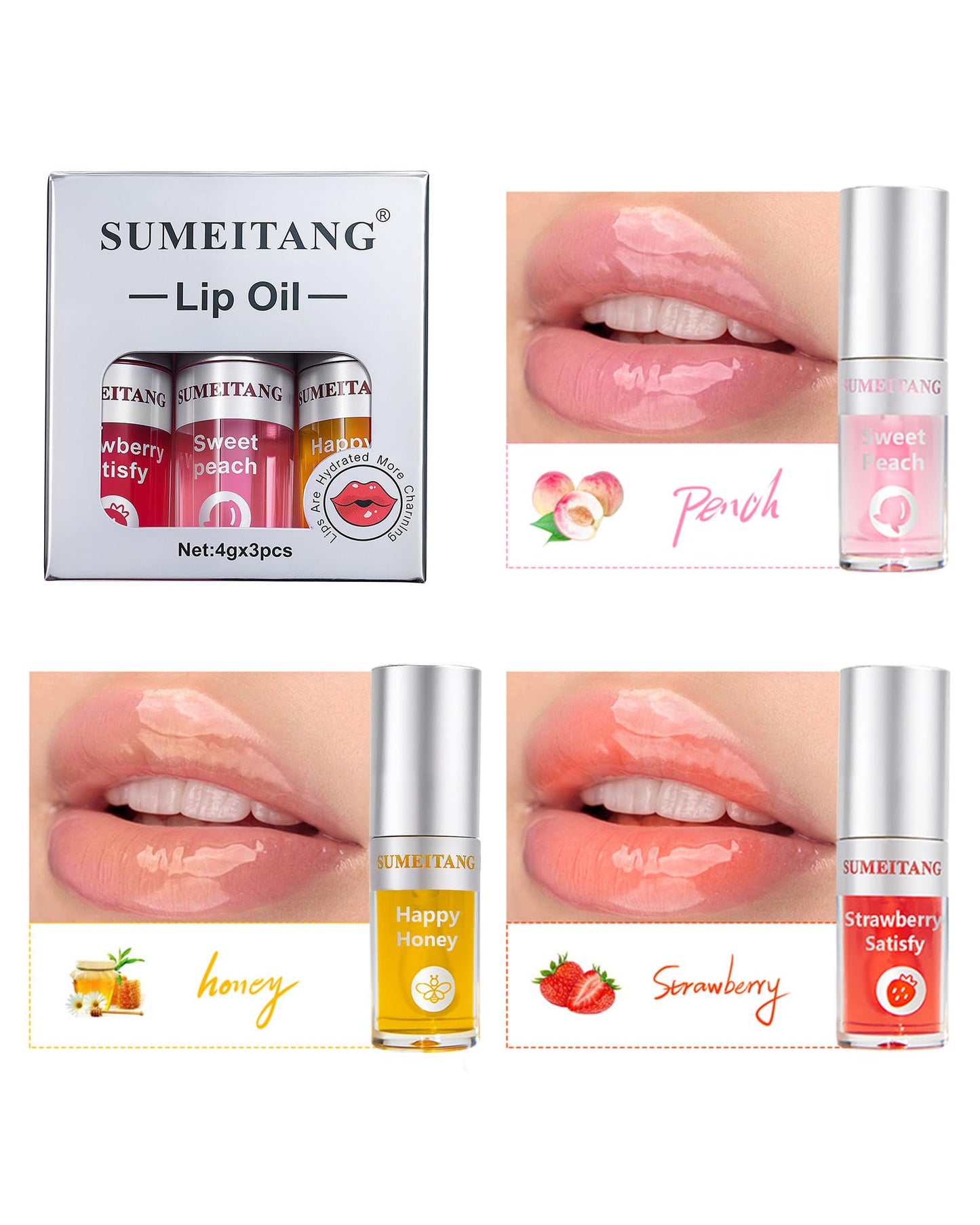 SUMEITANG 3Pcs Hydrating Lip Oil Set，Non-sticky Lip Oils Gloss Lip Balm Lip Care，Deeply Nourishing and Repairing Prevents Lips Chapped and Lighten Lip Lines(Honey，Peach，Strawberry)