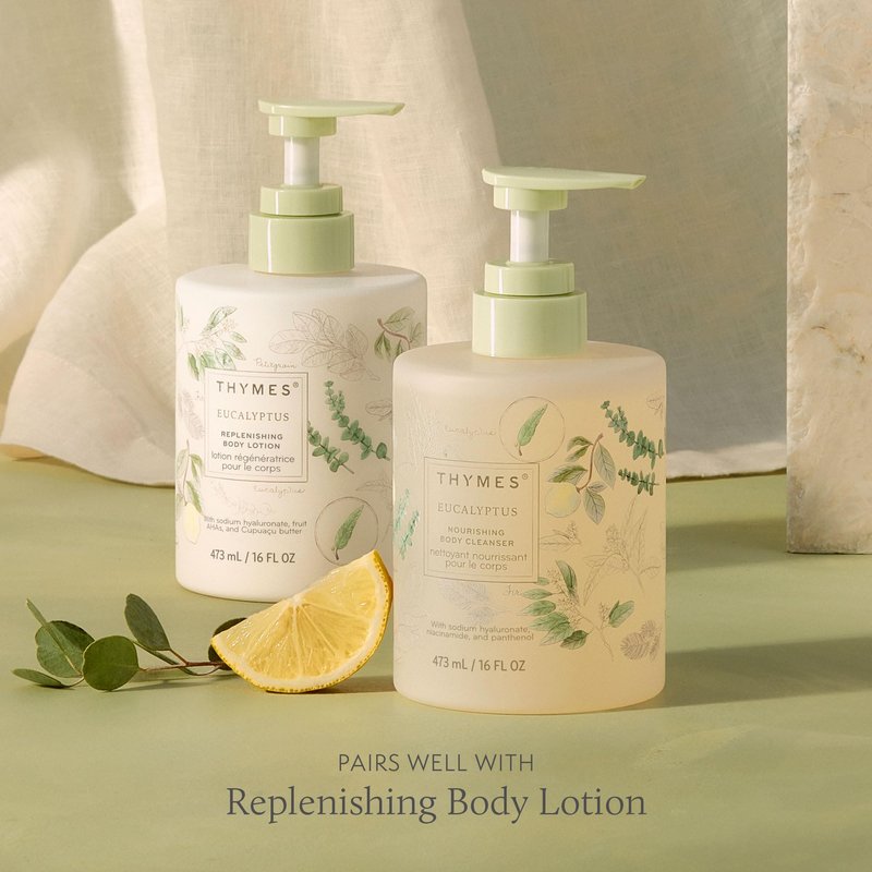 Thymes Nourishing Body Cleanser - Large Moisturizing Body Wash with Pump - Hydrating Cleanser - Notes of Eucalyptus Oil, Lemon, Petitgrain, Bergamot, Lemongrass, & Lush Fir (Eucalyptus, 16 fl oz)