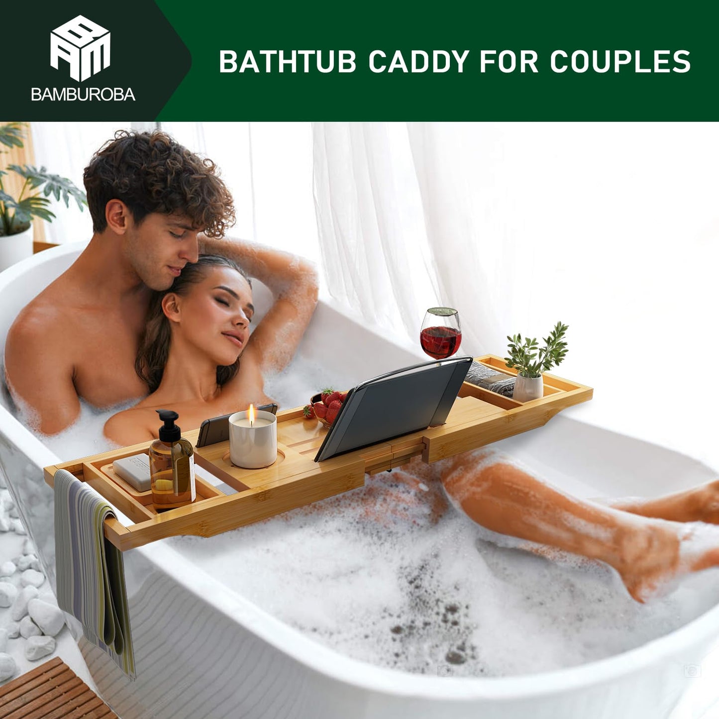Bamboo Bathtub Caddy Tray Expandable for Luxury Bath, Bath Accessories & Table with Wine Glass Holder, Book Stand Bathroom Organizer with Extending Sides for Men/Women,Black