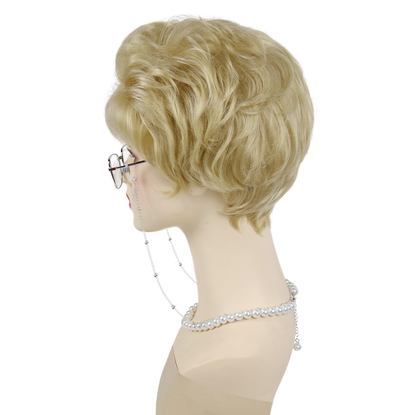 GNIMEGIL Curly Blonde Wig Sets Synthetic Hair Golden Grandma Wigs With Bangs Mommy Granny Outfits Betty White Wig Women Short Elderly Wigs With Glasses,Necklace For Old Lady Halloween Costume