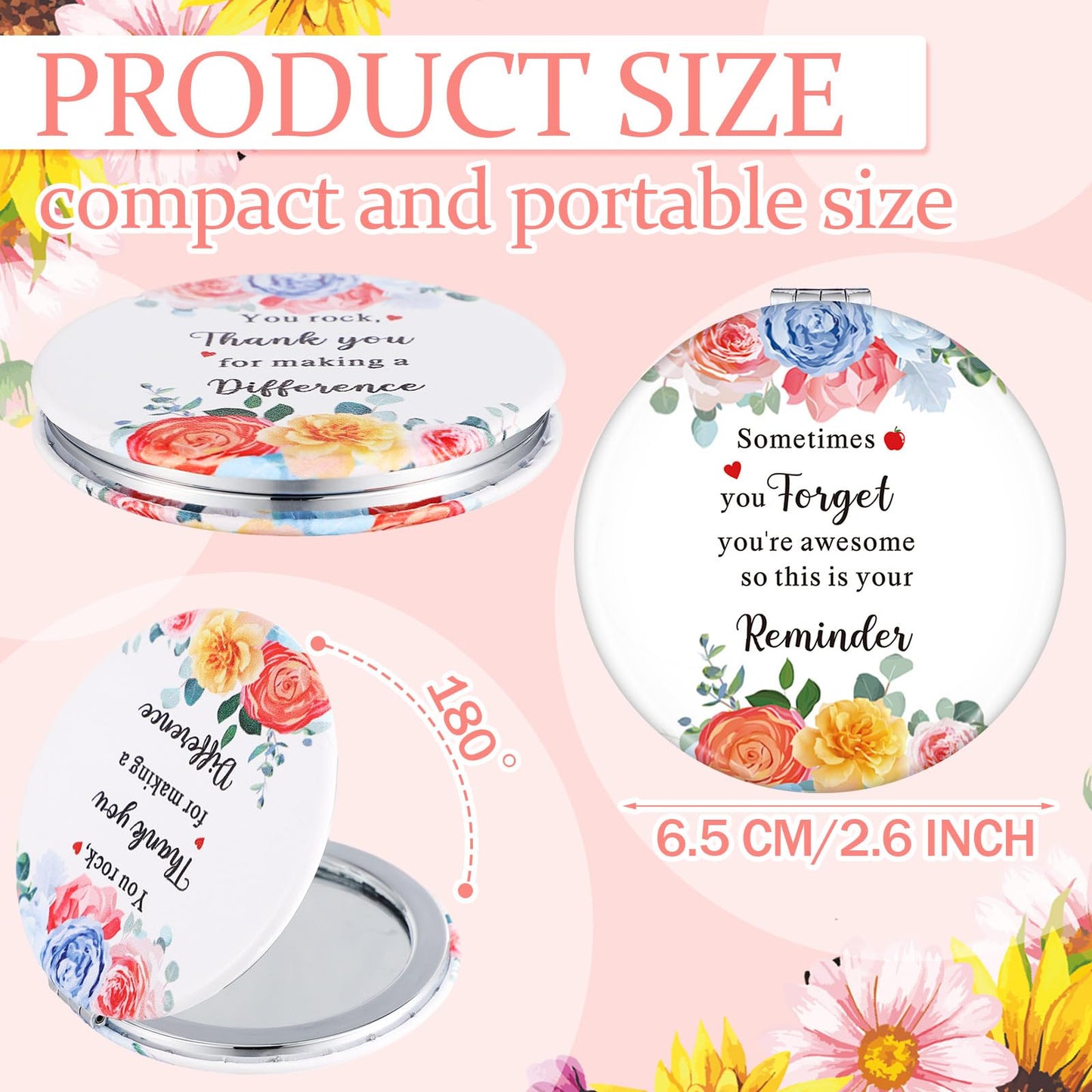 Sintuff 12 Pcs Inspirational Compact Mirror Bulk Thank You Gift Appreciation Gift Pocket Mirror for Women Folding Handheld Double Sided Mirror 1x/2x Gift for Women Coworker Employee Nurse