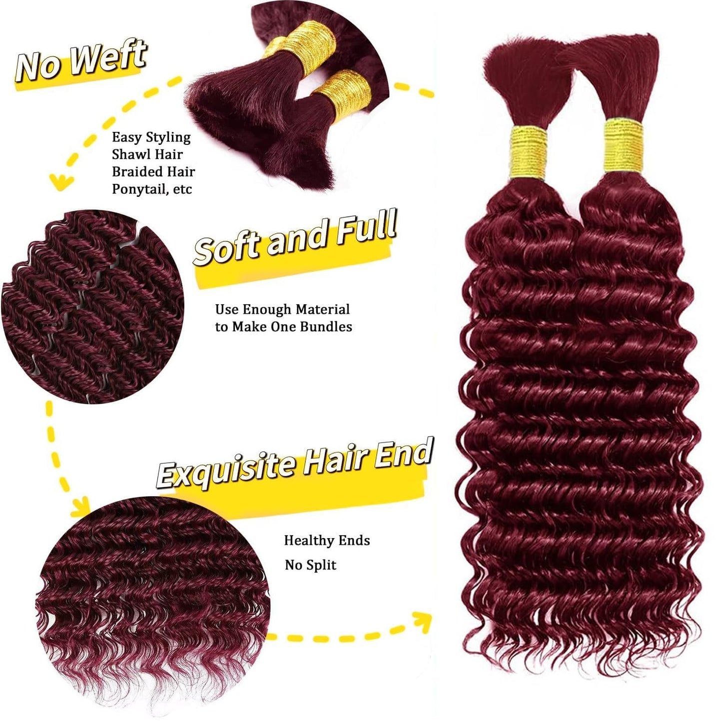Human Braiding Hair 2 Bundles/Pack 100g Burgundy 99J Curly Deep Wave Human Bulk Hair for Braiding No Weft 10A Brazilian Virgin Human braiding Hair 99J (Burgundy 99J, 14 inch/100g)