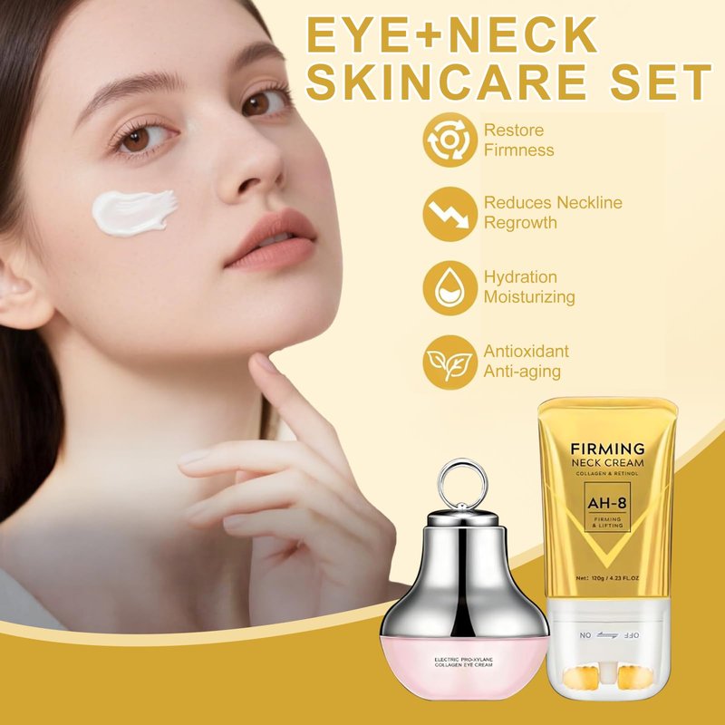 AH-8 Firming Neck Cream & Electric Massage Eye Cream Suit, Neck and Eye Tightening & Rejuvenating Set,Firming Smooth Fine Lines,Reduce Wrinkles & Deep Moisturizing Skincare,Day & Night Use(120g+50g)