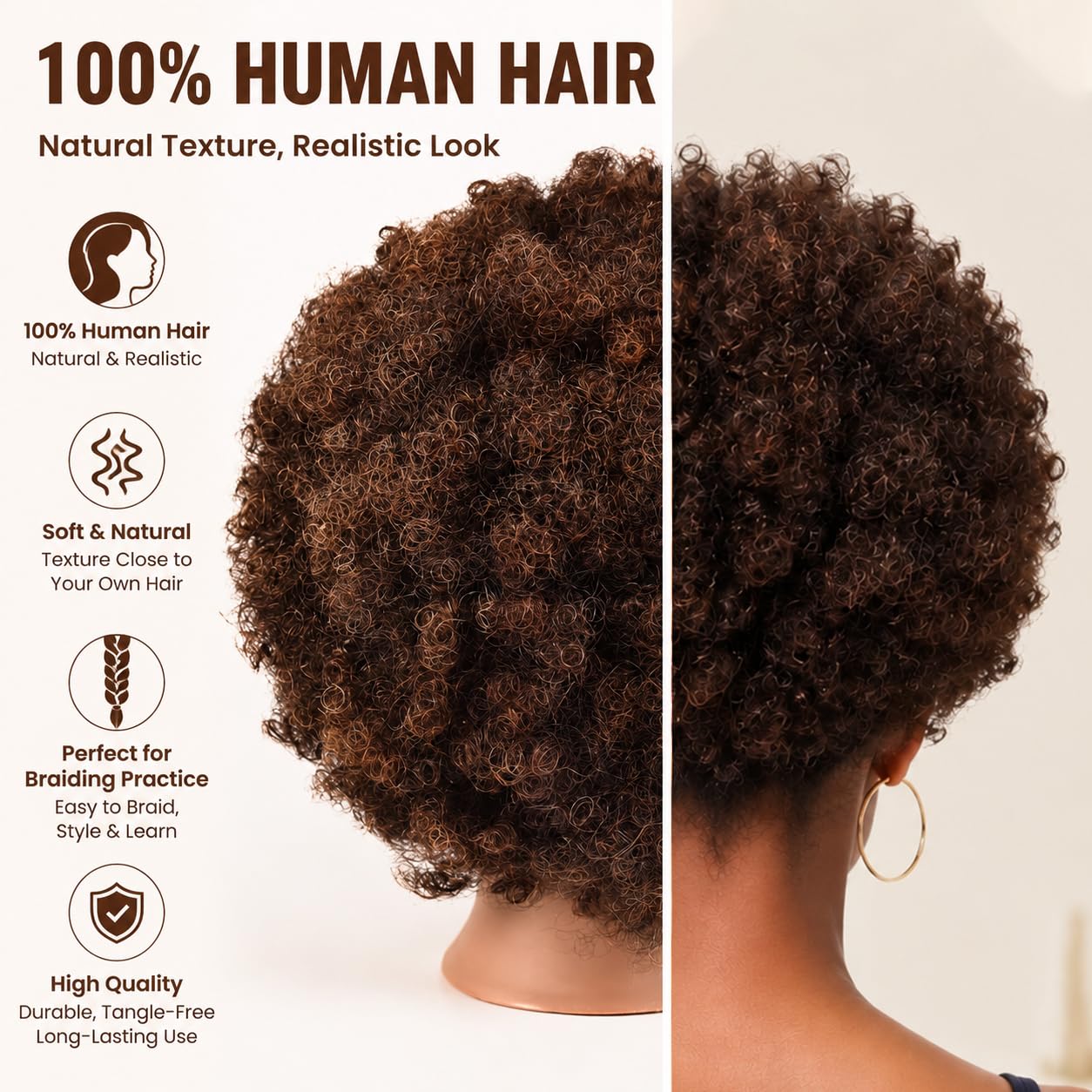 headdoll Afro Curly Mannequin Head with 100% Human Hair Curly Hair Hairdresser Hair Styling Cosmetology Manikin Head Doll head for Hairdresser Practice Styling Dye Braiding with Clamp Stand