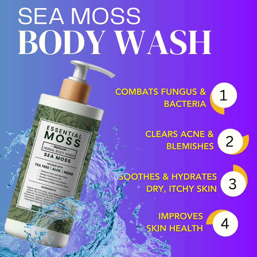 Sea Moss Body Wash with Tea Tree, Neem, Rosemary & Aloe – Fights Jock Itch, Ringworm, Athlete's Foot, Eczema, Body Odor – Antifungal & Antibacterial Soap for Men & Women
