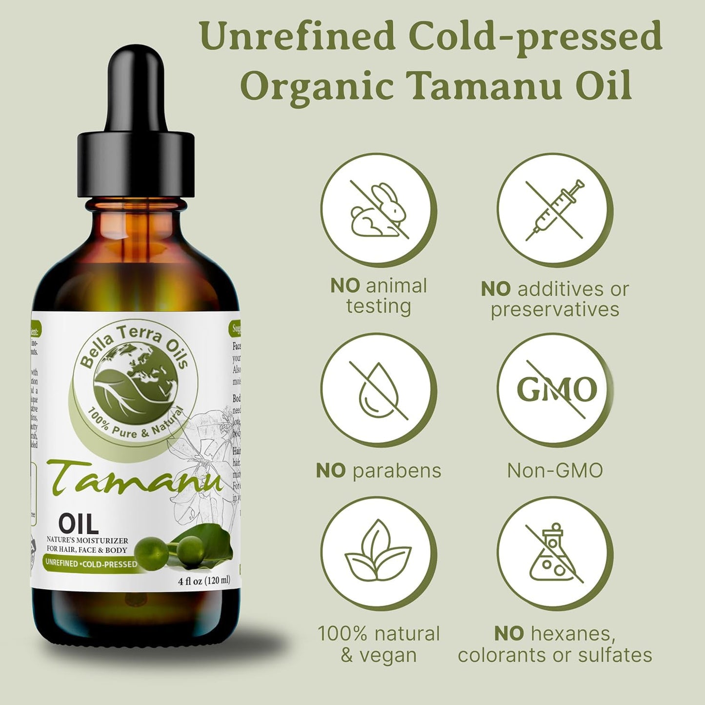 Bella Terra Oils - Natural Tamanu Oil 8 oz - Treasure Chest of Skin Nourishment, High in Vitamin E & Fatty Acids, Enhance Your Skin's Natural Glow