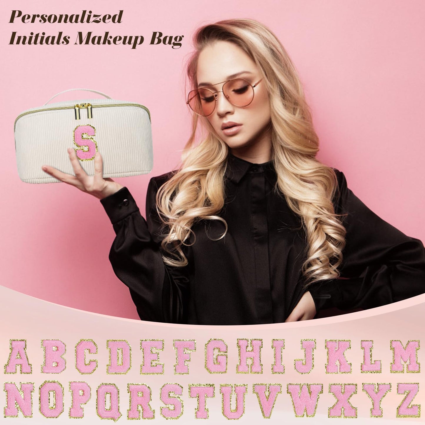 DTBG Personalized Initial Makeup Bag, Valentine's Day Gifts for Girls,Preppy Bag Cosmetic Travel Bag Women,Travel Toiletry Organizer,Large Capacity Corduroy Stuff Bag,Cute Cosmetic Pouch Skincare Bag