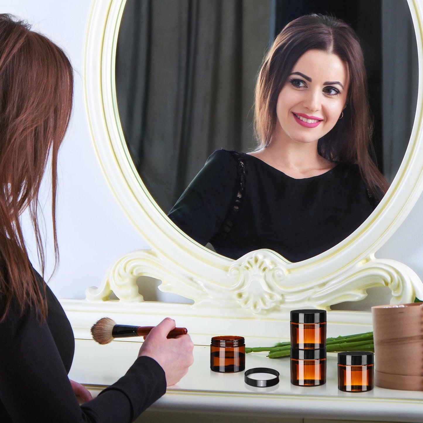 Tanlade 100 Pcs 2 oz Amber Plastic Cosmetic Jars with Lids Empty Leak Proof Container Refillable Cosmetic Jars Airtight for Cream, Lotion, Powder, Ointment, Beauty Products Travel Storage(Round)