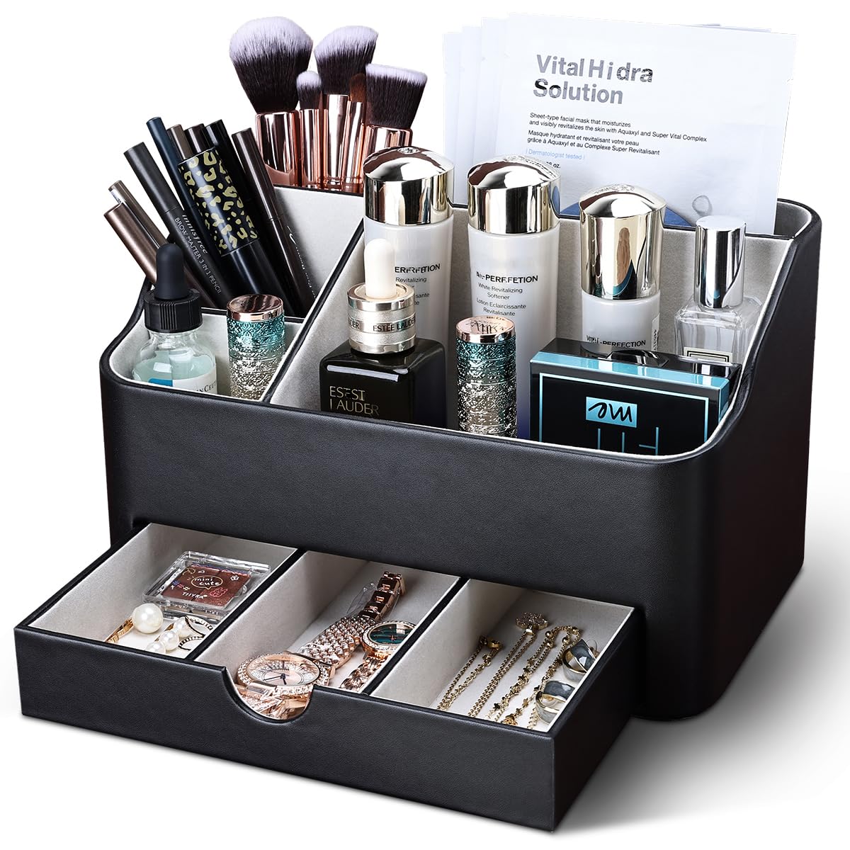 KINGFOM Leather Makeup Organizer with Drawer, Cosmetic Storage for Dresser Countertop and Bathroom Vanity, Beauty Holder for Lipstick Brush Skincare, Mother’s Day Gift for Mom(Black)