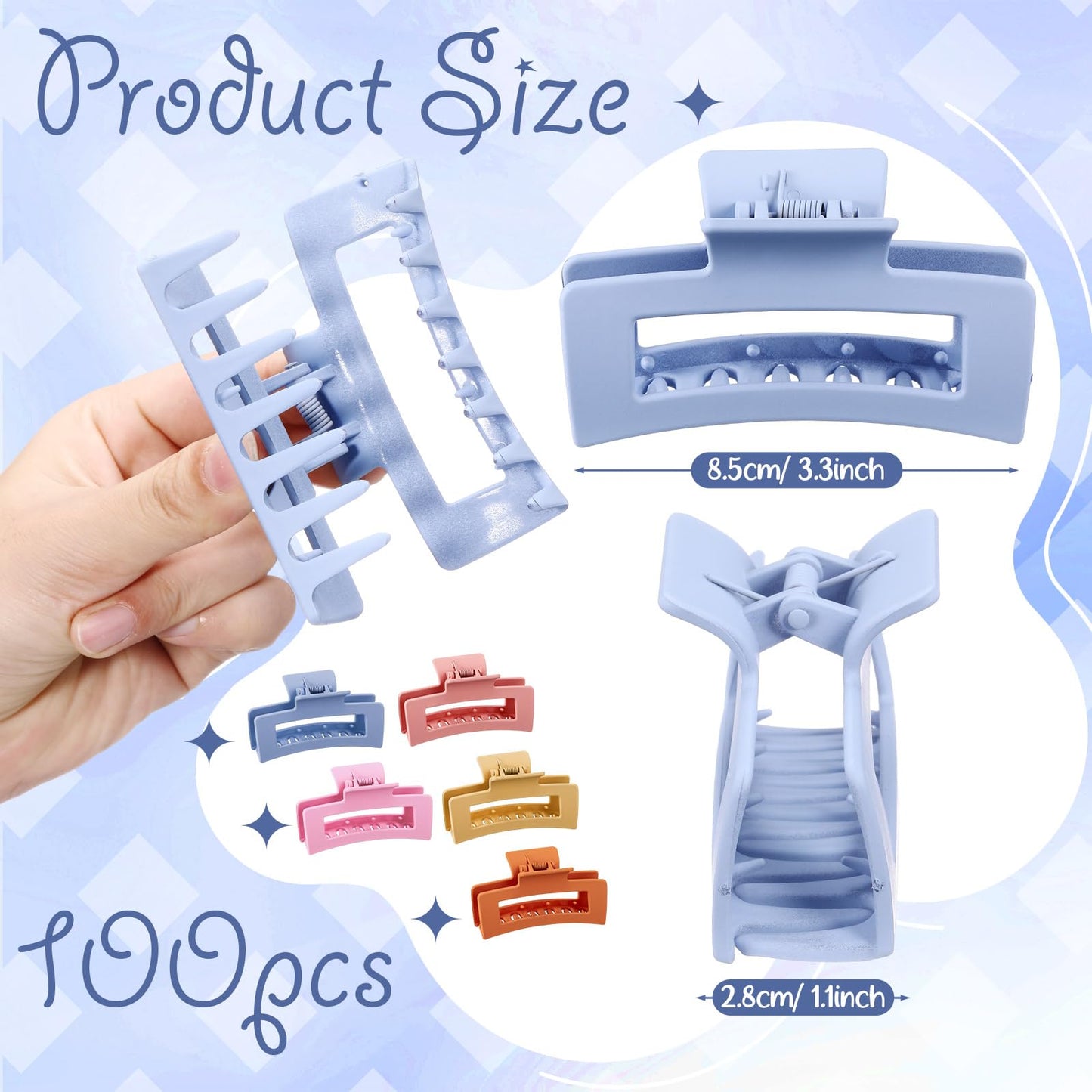 XunYee 100 Pcs Hair Claw Clips Bulk Large Square Jaw Headwear Clips Set for Women Nonslip Rectangle Hair Accessories Clip for Girl Women Gifts Beauty(3.4'',Frosted Sweet)