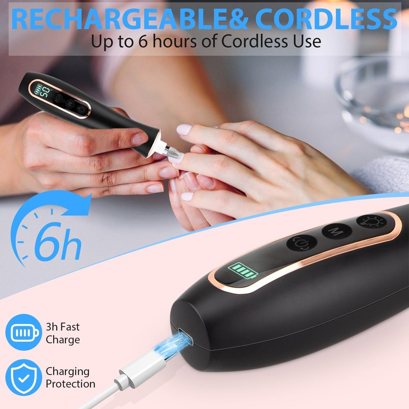 Professional Manicure Pedicure Kit, Cordless Electric Nail File Set, 360° LED Light Nail Drill Machine with LCD Display, 10 Speeds Rechargeable Nail Drill Grinder for Gel Nail Thick Toe Nails