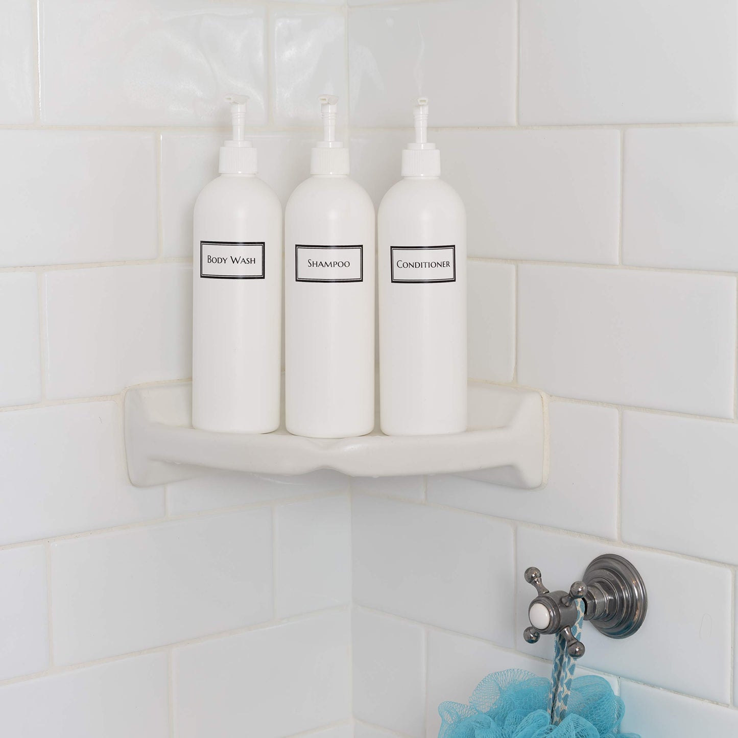 Artanis Home Silkscreened Empty Shower Bottle Set for Shampoo, Conditioner, and Body Wash, Cosmo/Bullet 16 oz 3-Pack, White (White Pumps)