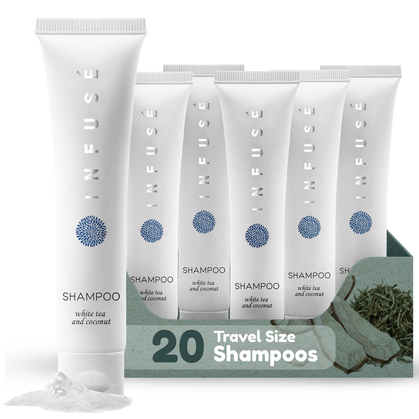 Travel Size Hotel Shampoo 20 Count 1 oz Bottles Guest Amenities for Hotels Vacation Rentals and Short Term Rentals Paraben Free White Tea and Coconut Scent Infused with Aloe and Olive Oil by INFUSE