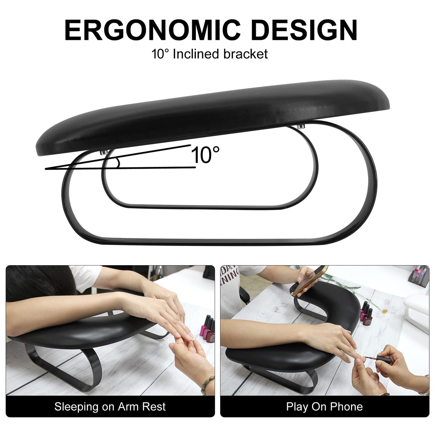 Manicure Arm Rest for Nails Tech,U Shaped Nail Arm Rest Stand,Soft PU Leather Manicure Hand Rest Holder Cushion with Detachable Bracket,Acrylic Nail Salon Home Use(Full Black)