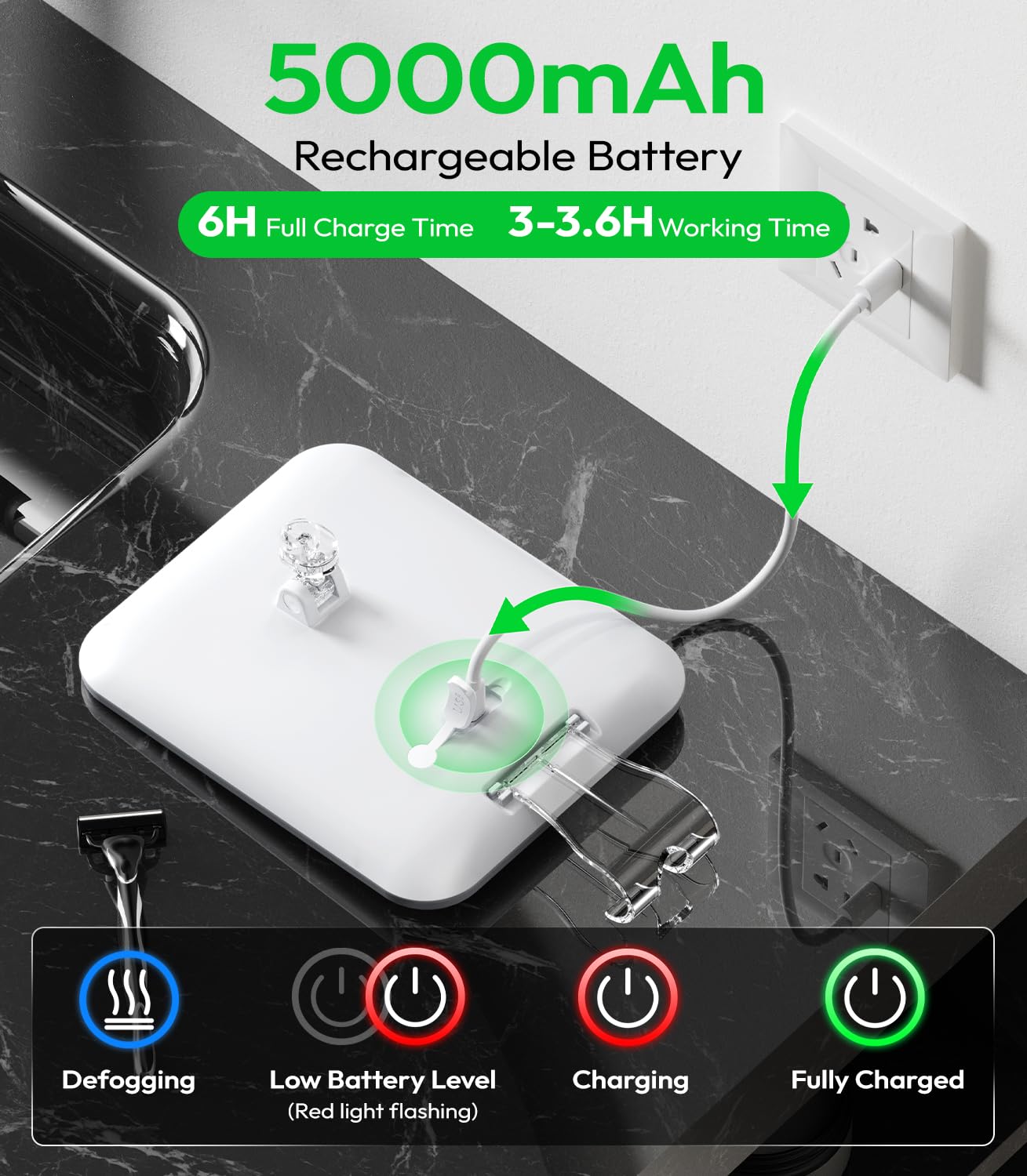 Glowtop Lighted Shower Mirror Fogless for Shaving with Light, 5000mAh Heated Fogless Mirror for Shower, Detachable Razor Holder and Suction Cup for Wall, NO-Drilling, Waterproof for Bathroom (White)