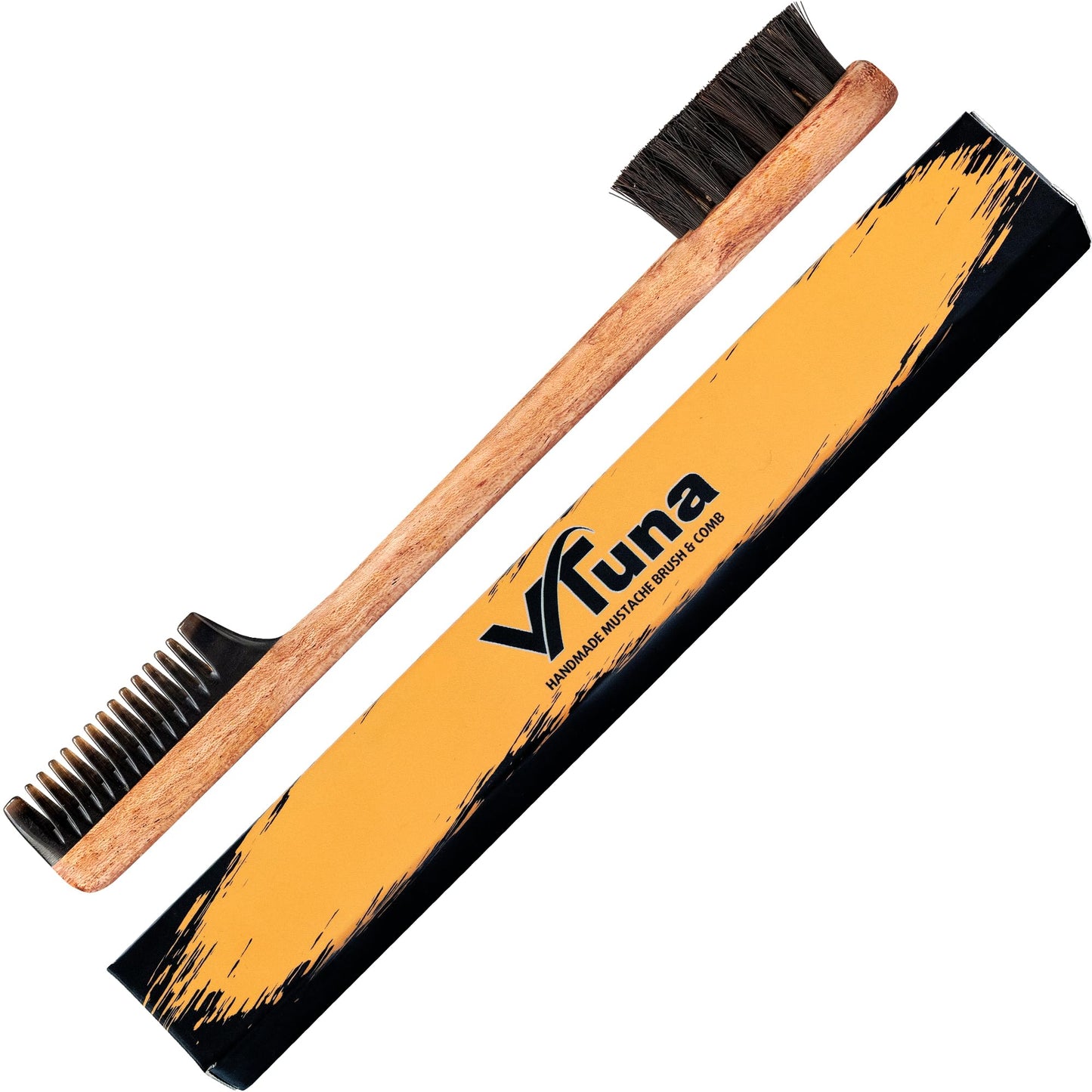 Vtuna 2-in-1 Beard Comb & Brush - Mustache & Beard Comb for Men. Handcrafted from Solid Wood, Buffalo Horn, and Cow Tail Hair. Comes in a Box, Perfect for Gifting.