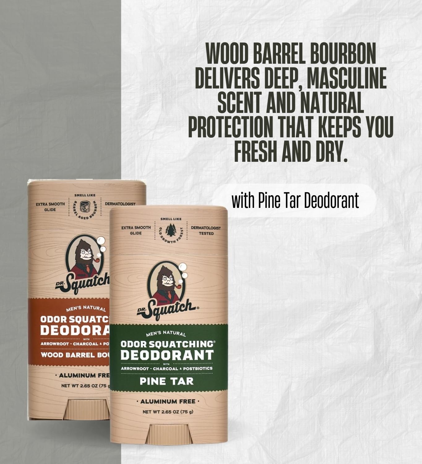Natural Deodorant Men by Dr. Squatch Wood Barrel Bourbon 2.65 oz Bundle with Dr. Squatch Pine Tar Deodorant 2.65 oz – Jojoba & Shea Butter for Odor Protection – Gift Set (2 Items)