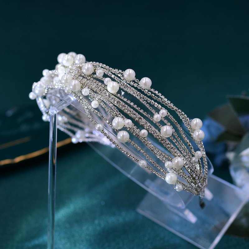 JHOO Bridal Rhinestone Pearl Hairband Women's Fashion Rhinestone Headdress Silver Wedding Pearl Headband Hair Accessories for Bride Bridesmaid Ladies HP658