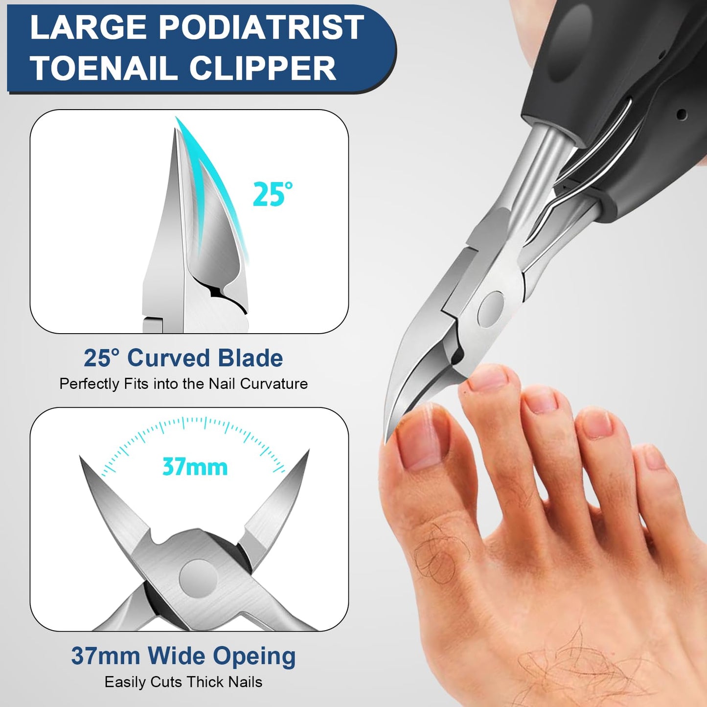 DUAIU 7Pcs Toenail Clippers for Thick Nails, Angled Head Large Nail Clippers for Senior, Heavy Duty Ingrown Toenail Clipper Sets with Wide Jaw, Sharp Nail Clipper Kits for Men and Women, Long Handle