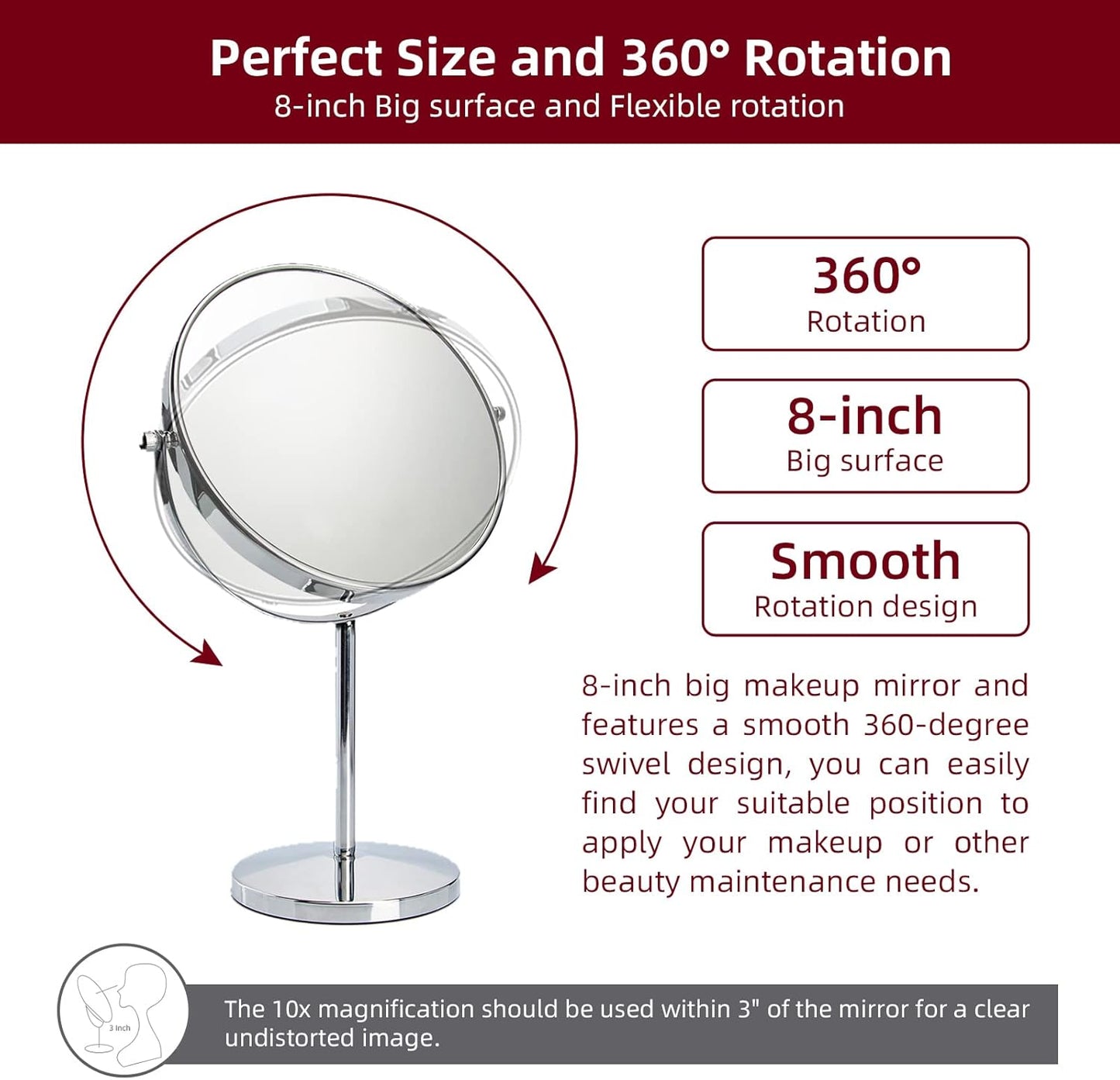 Classic Round Desktop Makeup Mirror - 15" Tall Double-Sided 360° Swivel Vanity Mirror | 1X/10X Magnification for Bathroom & Bedroom