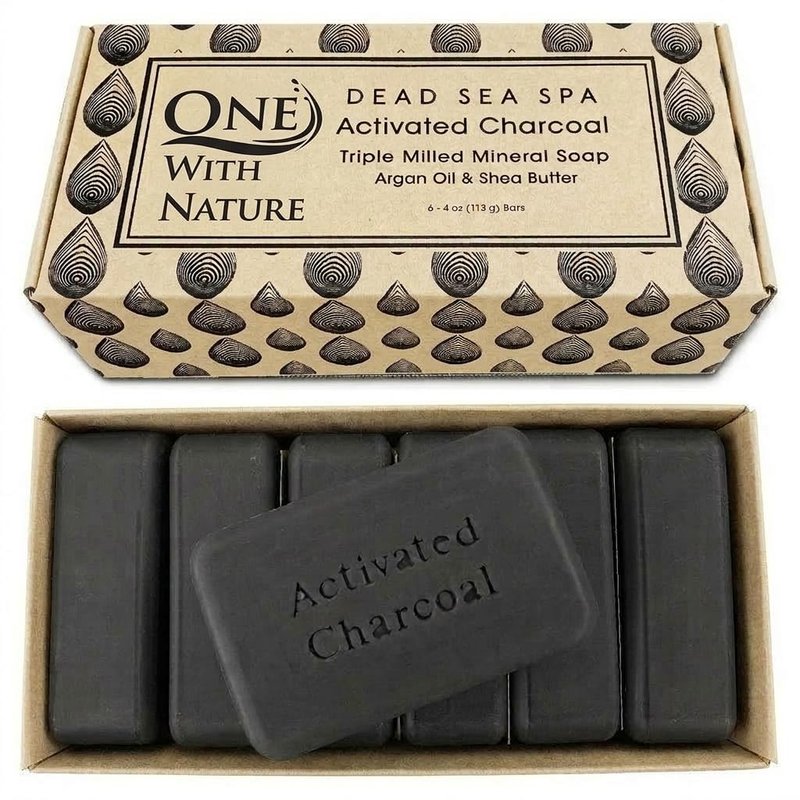 Activated Charcoal Soap Bar - Detoxifying & Exfoliating 4oz | 6-Pack Gift Box with Dead Sea Salt for Face & Body