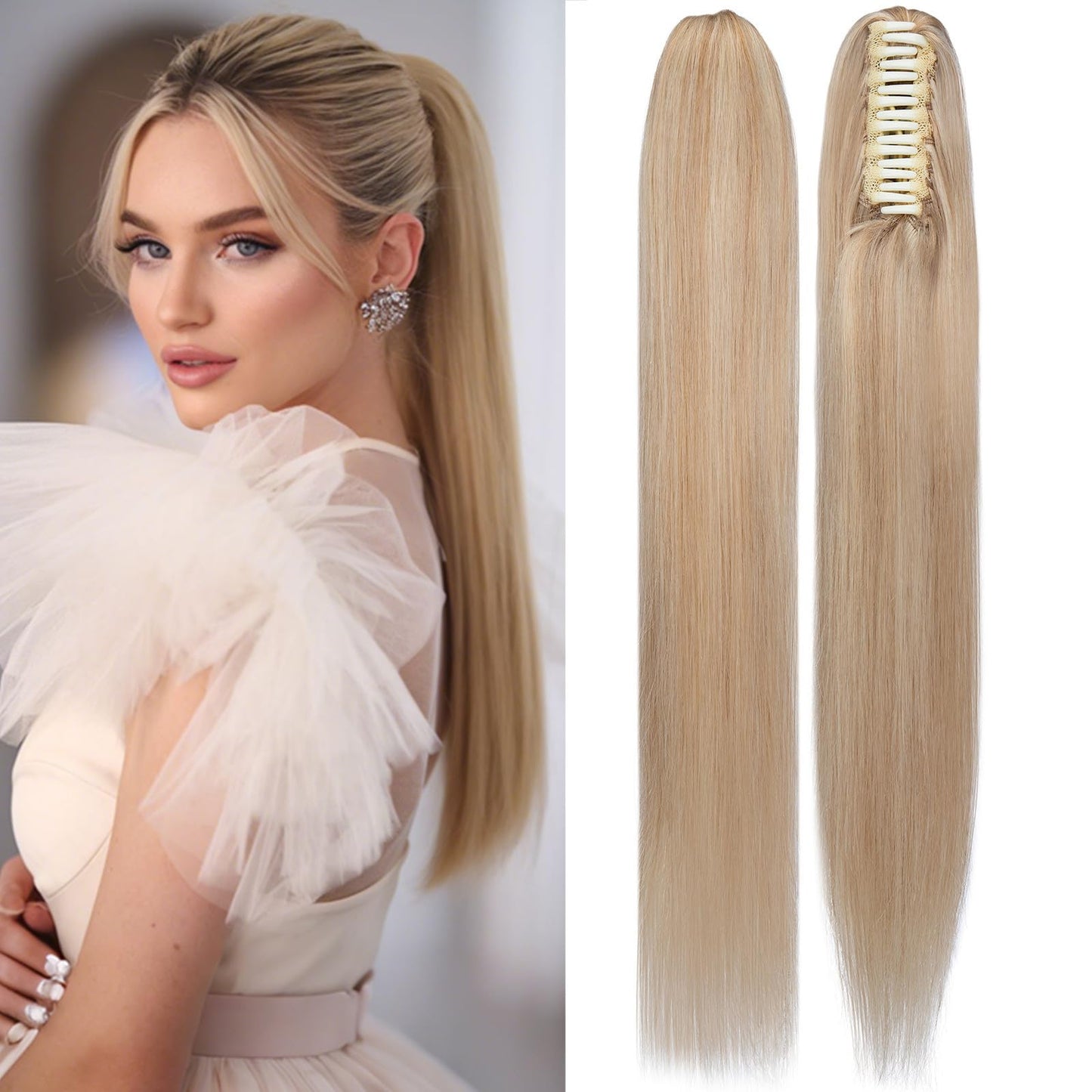 Rich Choices Ponytail Extension 100% Real Human Hair Wrap Around Remy Ponytail Extension for Women Clip In Long Pony tail Extensions Straight 13.5 Inch #18P613 Ash Blonde Highlighted Bleach Blonde