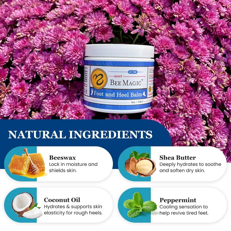 Sweet Bee Naturals Organic Foot Balm - Intensive Heel Balm for Dry Cracked Feet - Natural Moisturizing Treatment for Cracked Heels - Heel Cream Softener for Rough Skin Repair – 4 OZ Jar