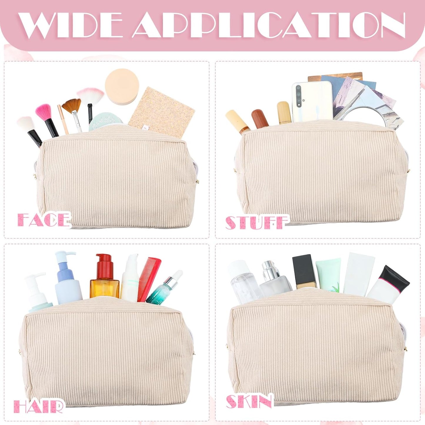 Amylove 12 Pcs Corduroy Makeup Bags - Large Capacity Portable Cosmetic Pouches | Beige & Pink Travel Organizers for Women