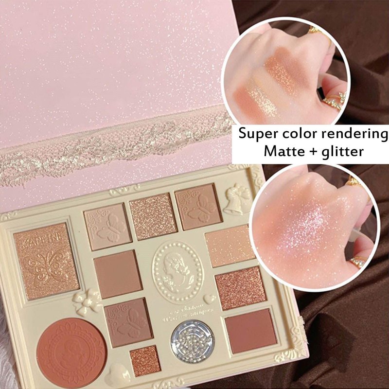Ezyuanchly Lace 12 Color Eyeshadow Palette, Blendable Shimmer and Matte Nudes Shades, All In One Makeup Blush Highlighter, Pink