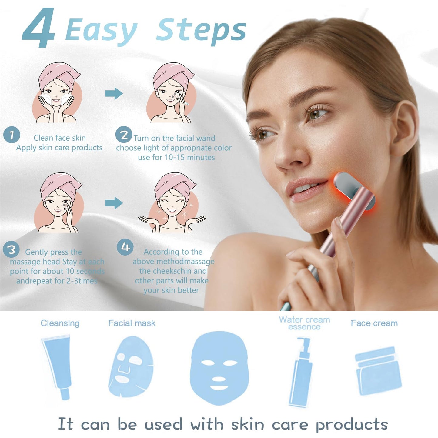 Fxtiaa Led-Face-Wand，7 in 1 LED Light Therapy Facial Red & Blue Rejuvenation Tool