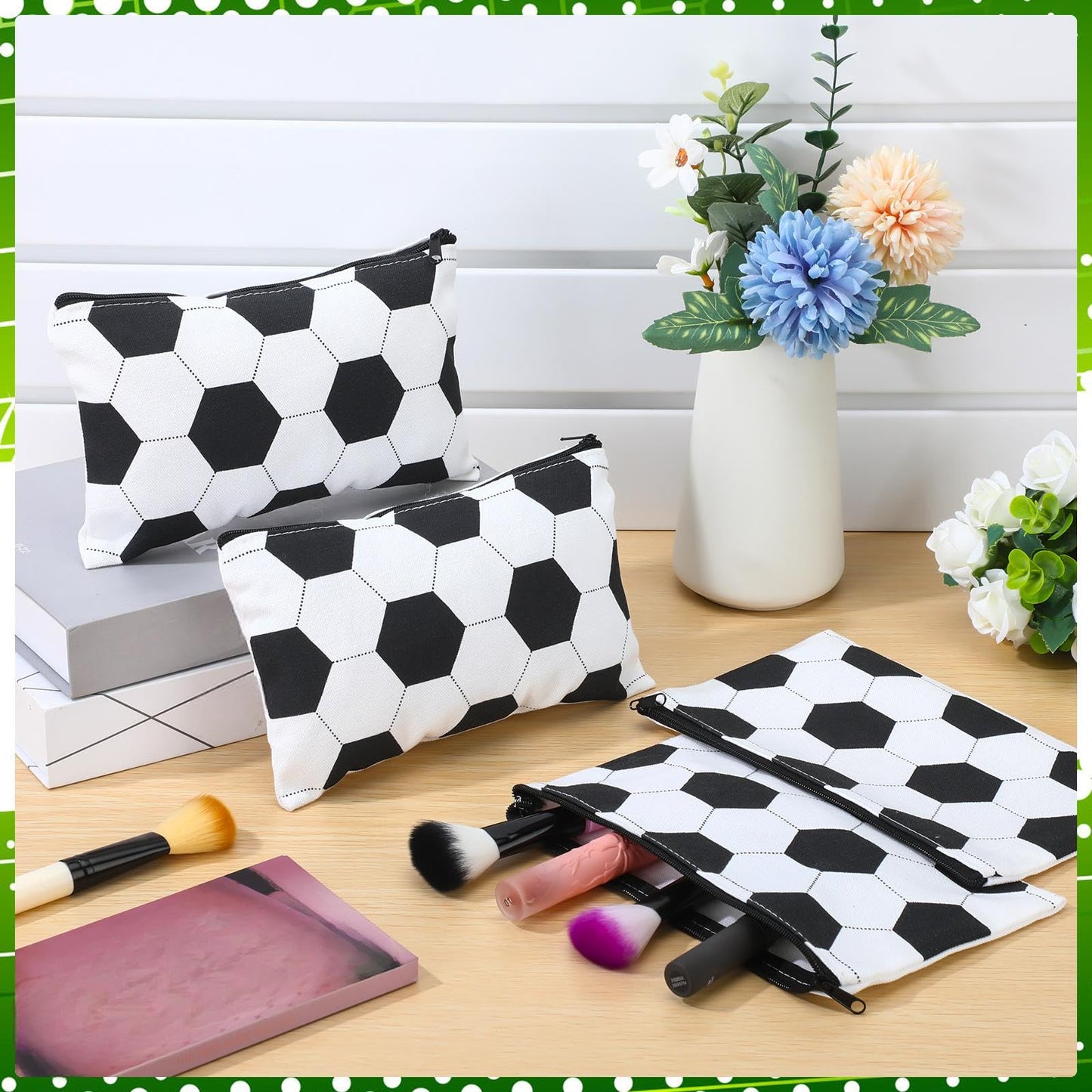 Sweetude 24 Pcs Soccer Sport Makeup Bag Cosmetic Bags Black and White Soccer Gift for Player Party Favor Bags with Zipper Travel Portable Storage Organizer for Women