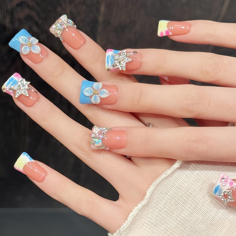 Handmade Duck Press On Nails 10Pcs Colorful French Duck Nail Shape, Nude Pink 3D Flower & Star Press On Nails with Rhinestones, Trendy Handmade Duck Nails for Women Girls