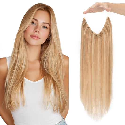 Charites Halo Hair Extensions Real Human Hair Invisible Wire Extensions with Transparent Fish Line Adjustable Size Golden Brown & Bleach Blonde 12 inch