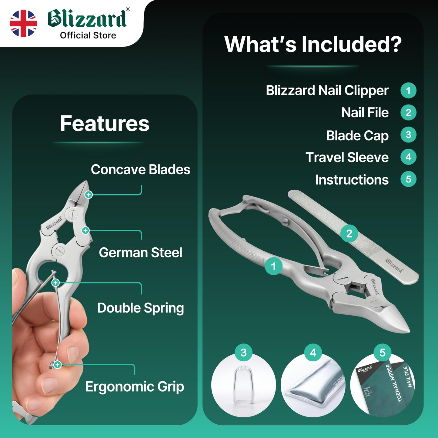 Blizzard Toenail Clippers - Podiatrist Toe Nail Clippers for Thick Nails for Seniors - German Forged Nail Cutter - Heavy Duty Double Action Nail Clippers for Men with Toenail File - 6" Double Spring