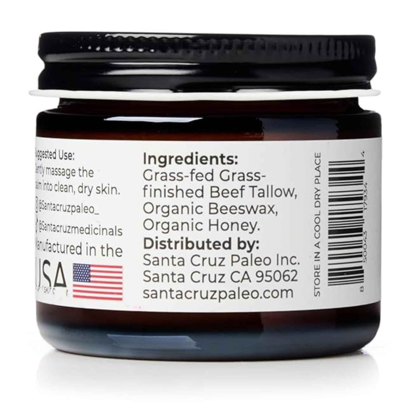 Santa Cruz Paleo Beef Tallow for Skin, Grass Finished & Grass Fed Beef Tallow and Honey Balm Body & Face Moisturizer, Organic Beeswax and Organic Honey, Light Scent, Moisturizing Natural Formula, 2 Oz